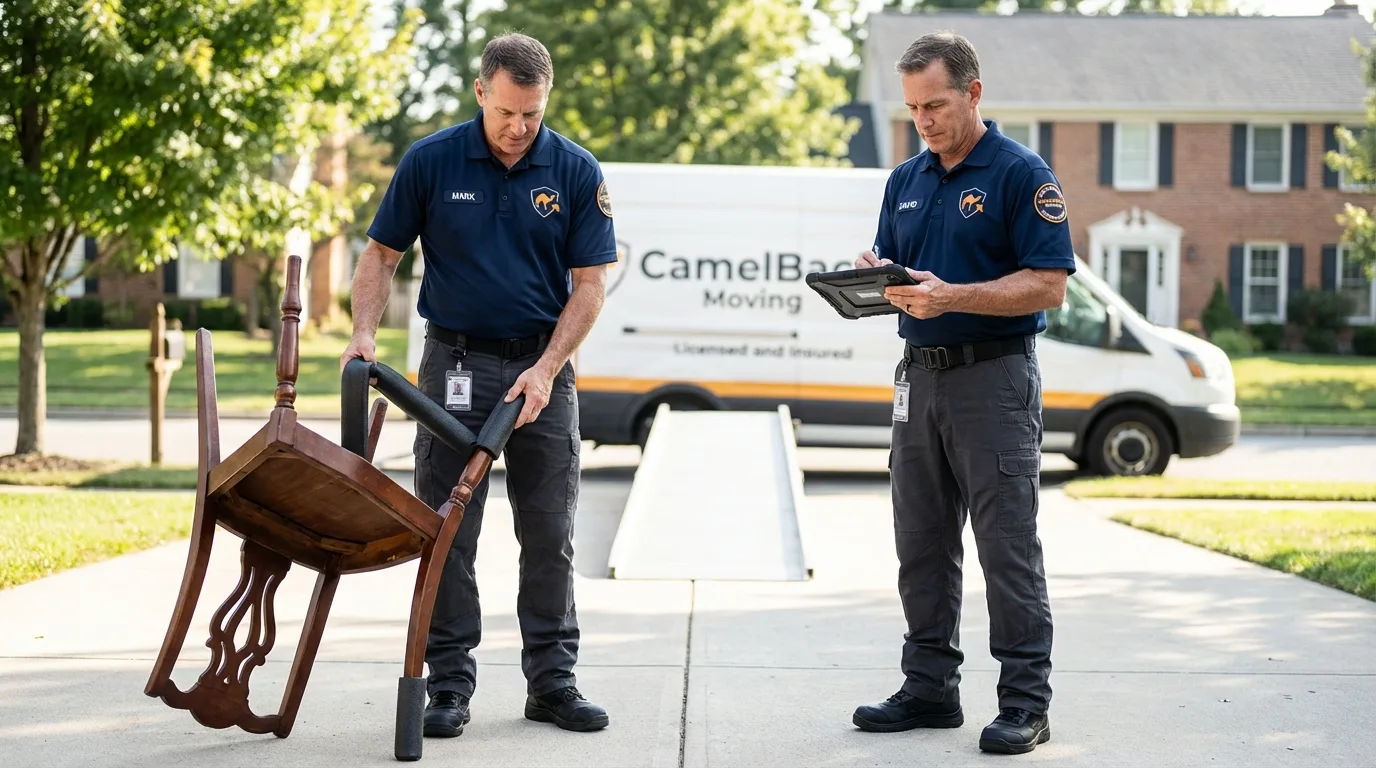 Movers inspecting furniture for damage prevention before loading in Clinton, NY
